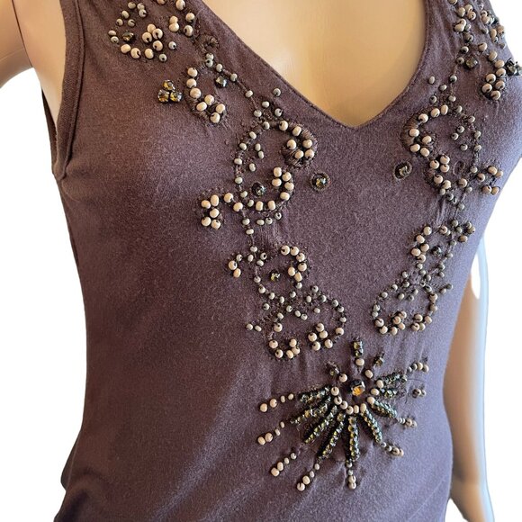 Brown Sleeveless V-Neck Womens Top With Beaded Embellishments - Picture 2 of 12